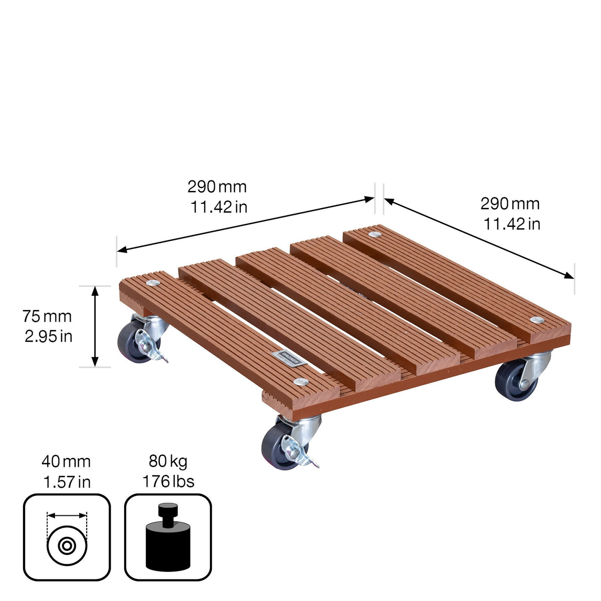 11.4&quot; terra cotta square WPC plant caddy with brakes, indoor/outdoor, non-slip surface, supports 176 lbs, water and UV-resistant.