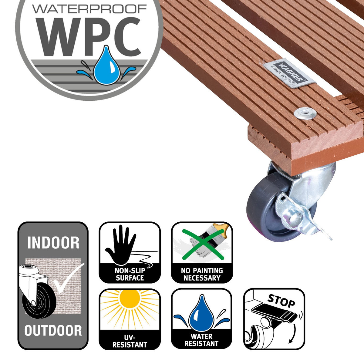 11.4&quot; Terra Cotta Square WPC Plant Caddy with Brakes, Indoor/Outdoor, Waterproof and UV-Resistant, Non-Slip Surface, Supports 176 lbs.