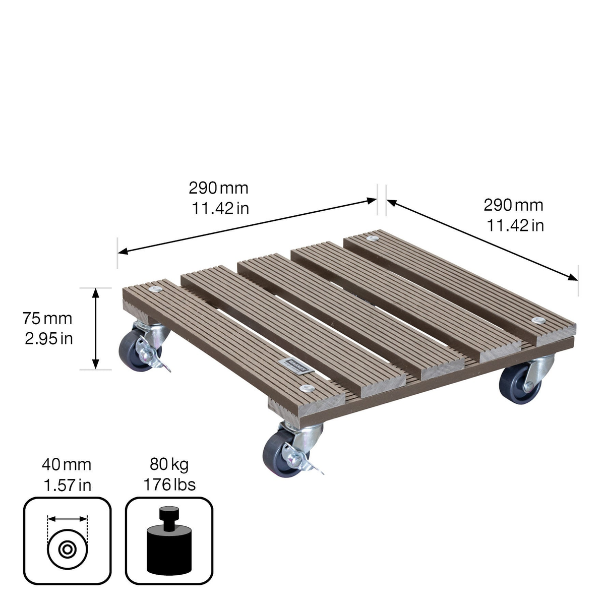 11.4&quot; taupe square plant caddy with brakes, wood plastic composite, indoor/outdoor, supports 176 lbs, non-slip, UV and water-resistant.