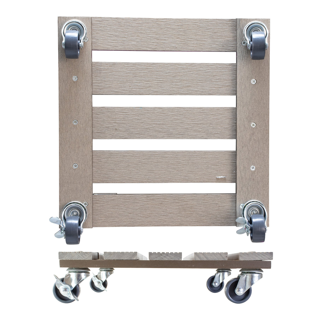 11.4&quot; taupe square WPC plant caddy with brakes, indoor/outdoor use, heavy-duty casters.