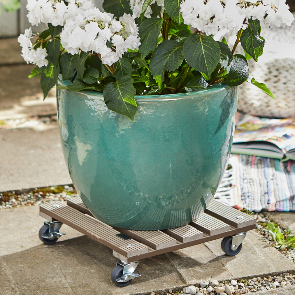 11.4&quot; taupe square WPC plant caddy with brakes, indoor/outdoor use, UV-resistant, supports 176 lbs.