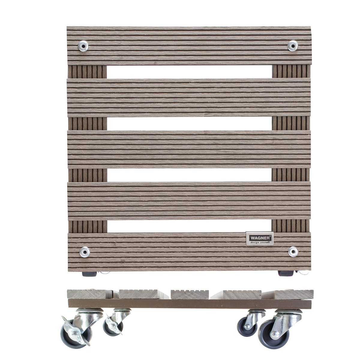 11.4&quot; taupe square WPC plant caddy with brakes, waterproof and UV-resistant, indoor/outdoor use, supports 176 lbs.