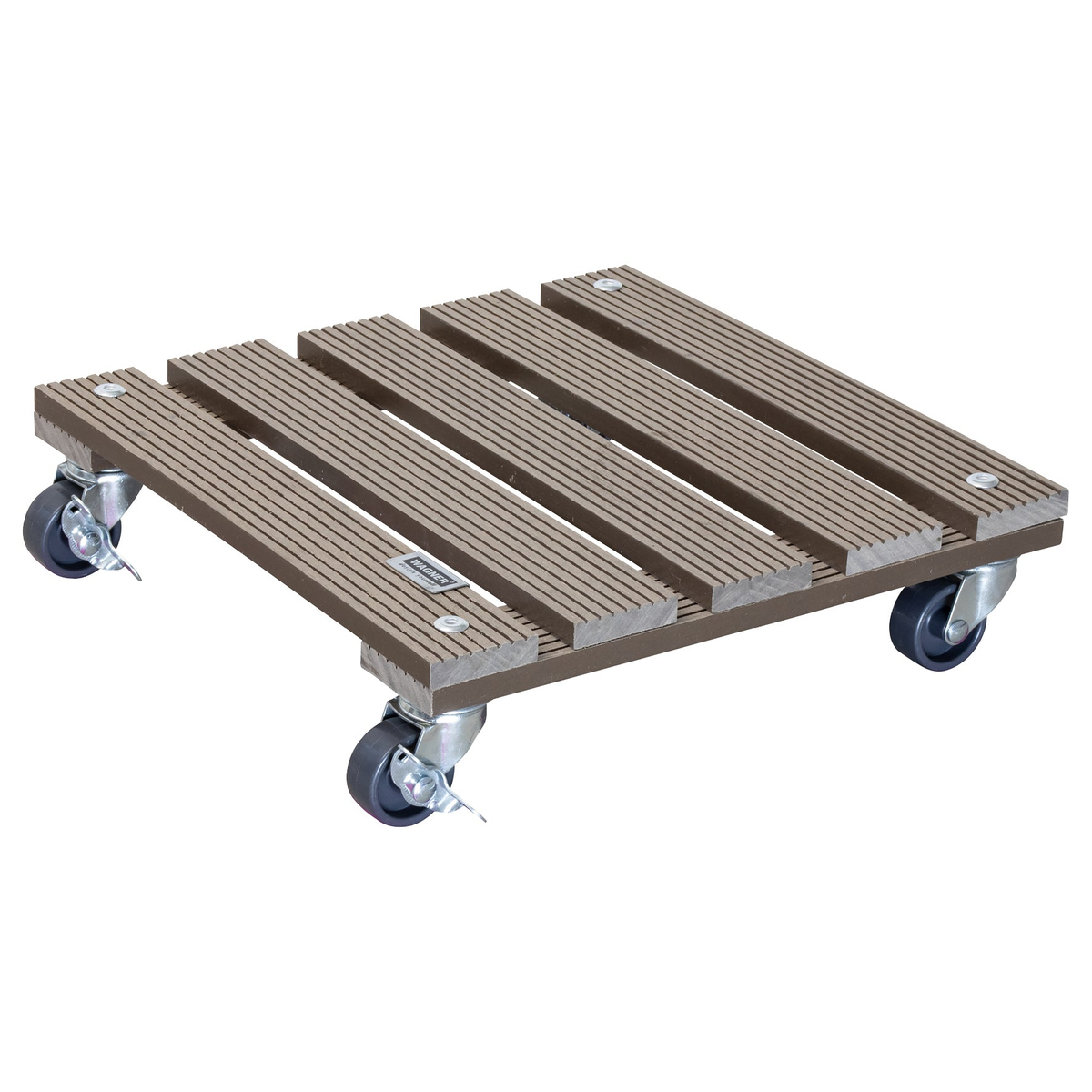 11.4&quot; taupe square WPC plant caddy with brakes, indoor/outdoor use.