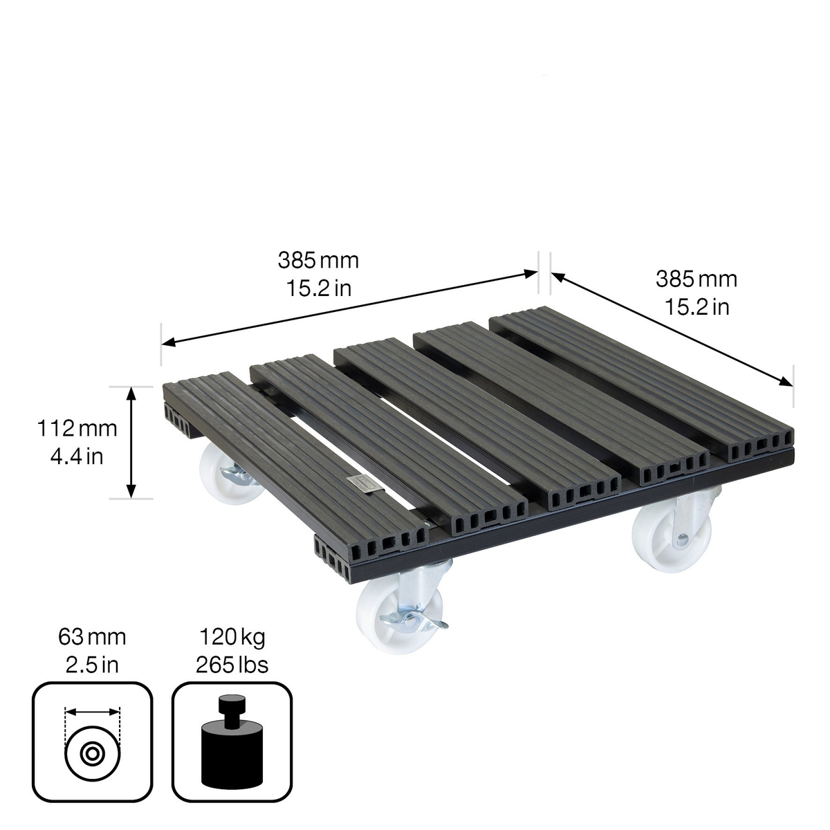 15.4&quot; gray square WPC plant caddy with brakes, indoor/outdoor, UV and water-resistant, supports 265 lbs.