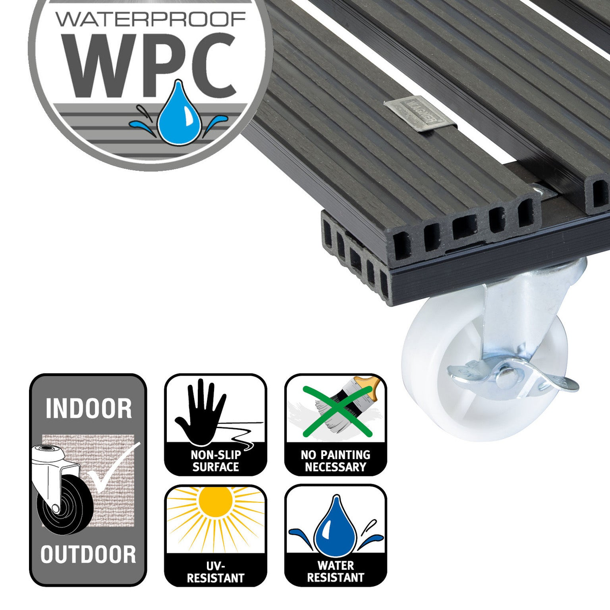 15.4&quot; gray square WPC plant caddy with brakes, waterproof, UV-resistant, indoor/outdoor use, non-slip surface, supports 265 lbs.