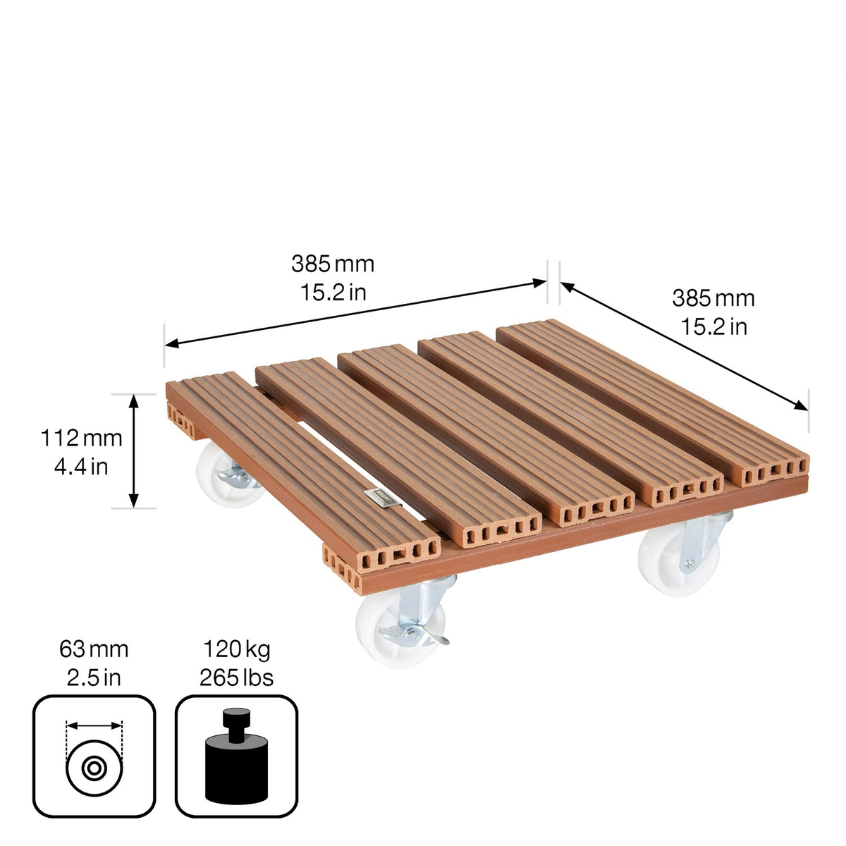 15.4&quot; Terra Cotta Square WPC Plant Caddy with Brakes, indoor/outdoor, water and UV-resistant, non-slip surface, 265 lbs capacity.