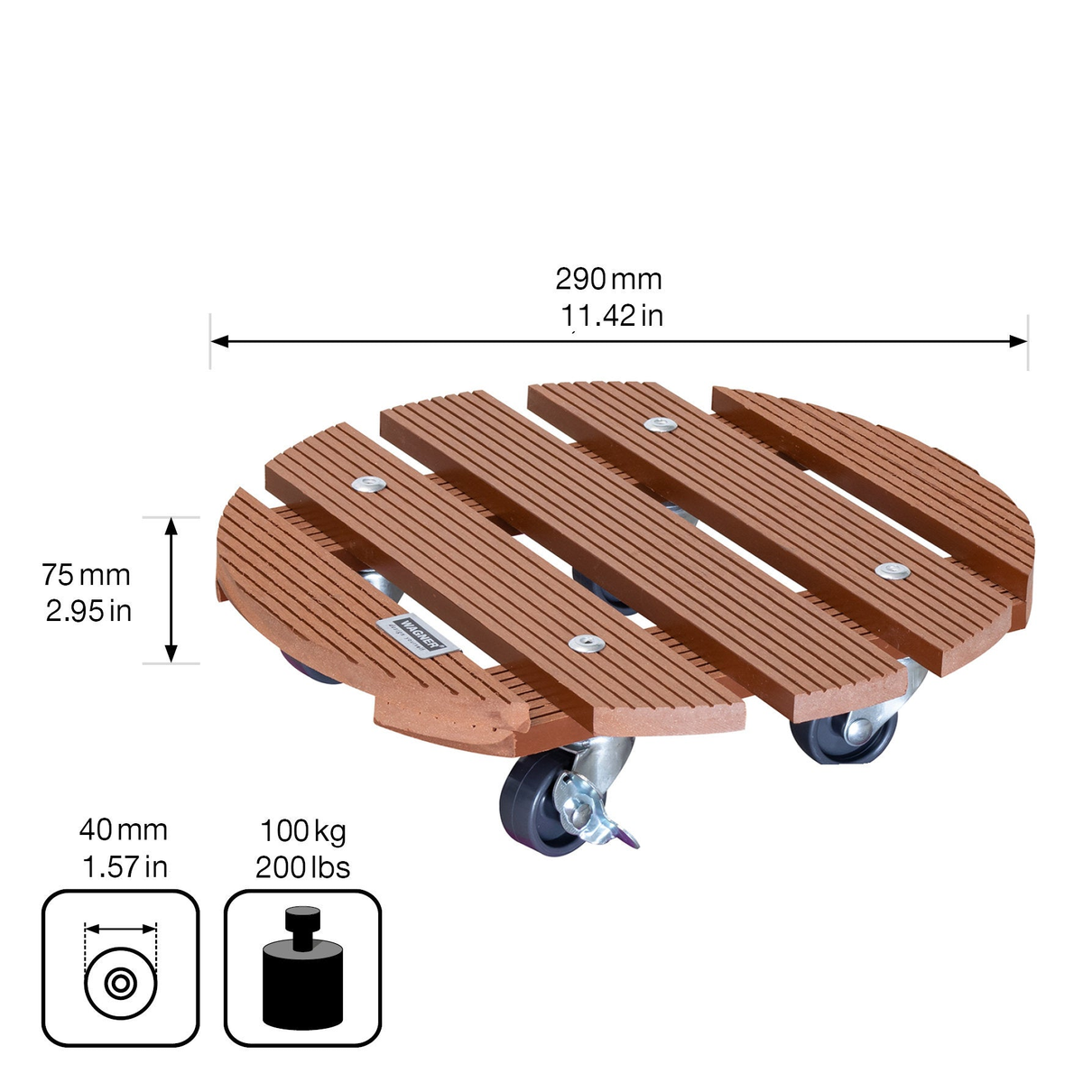 11.4&quot; terra cotta round plant caddy with brakes, water and UV-resistant, supports up to 220 lbs, indoor/outdoor use.