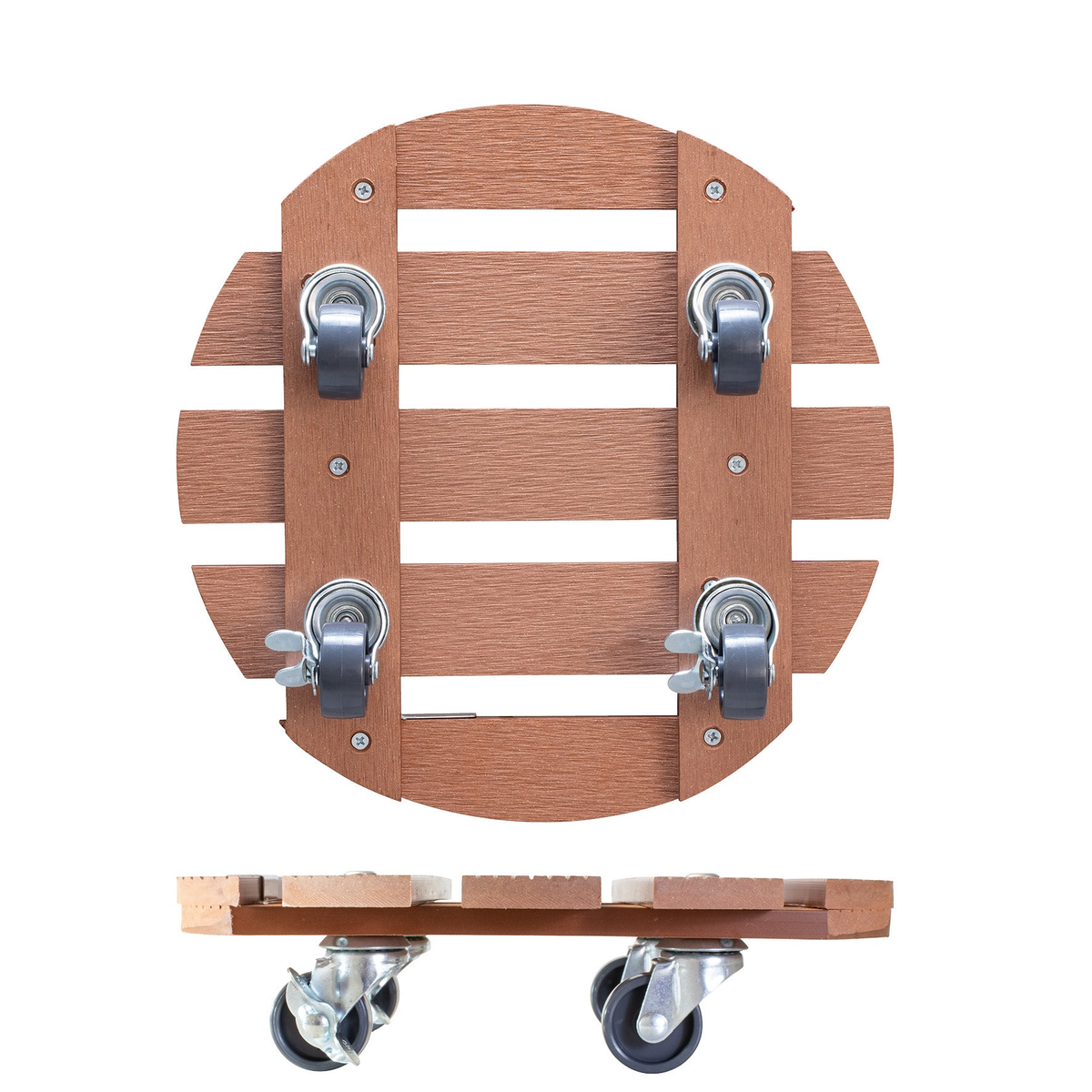 11.4&quot; terra cotta round WPC plant caddy with heavy-duty locking casters, waterproof and UV-resistant for indoor/outdoor use, supports up to 220 lbs.