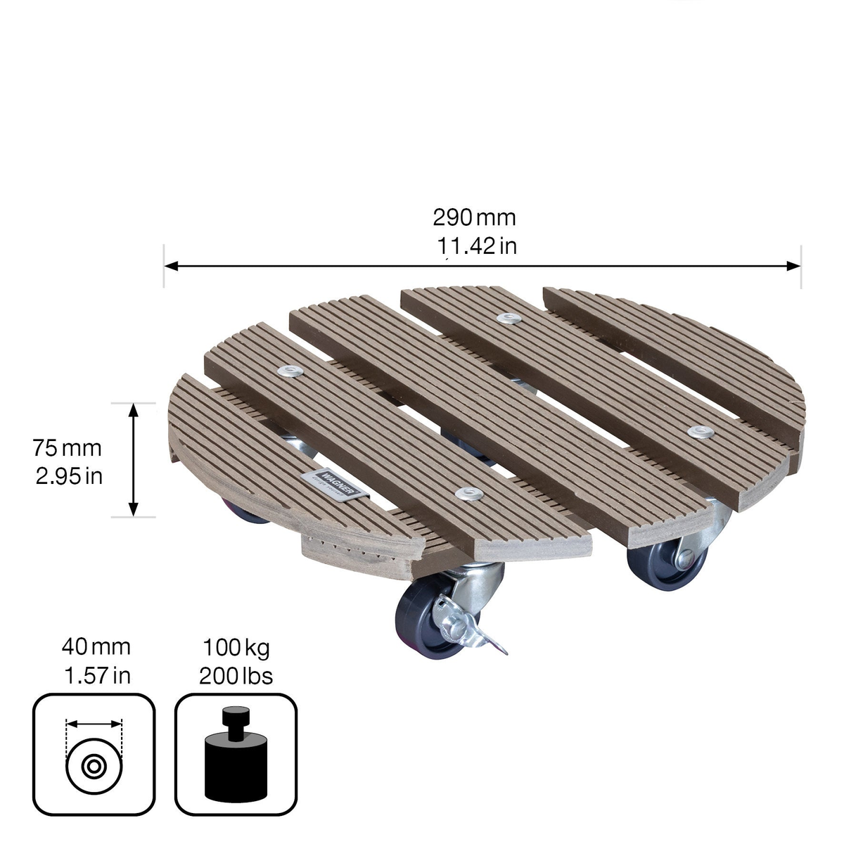 11.4&quot; taupe round WPC plant caddy with brakes, indoor/outdoor, UV-resistant, supports up to 220 lbs.