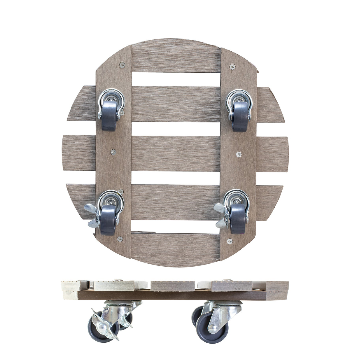 11.4&quot; taupe round WPC plant caddy with brakes, indoor/outdoor, non-slip, heavy-duty casters, water and UV-resistant, supports up to 220 lbs.