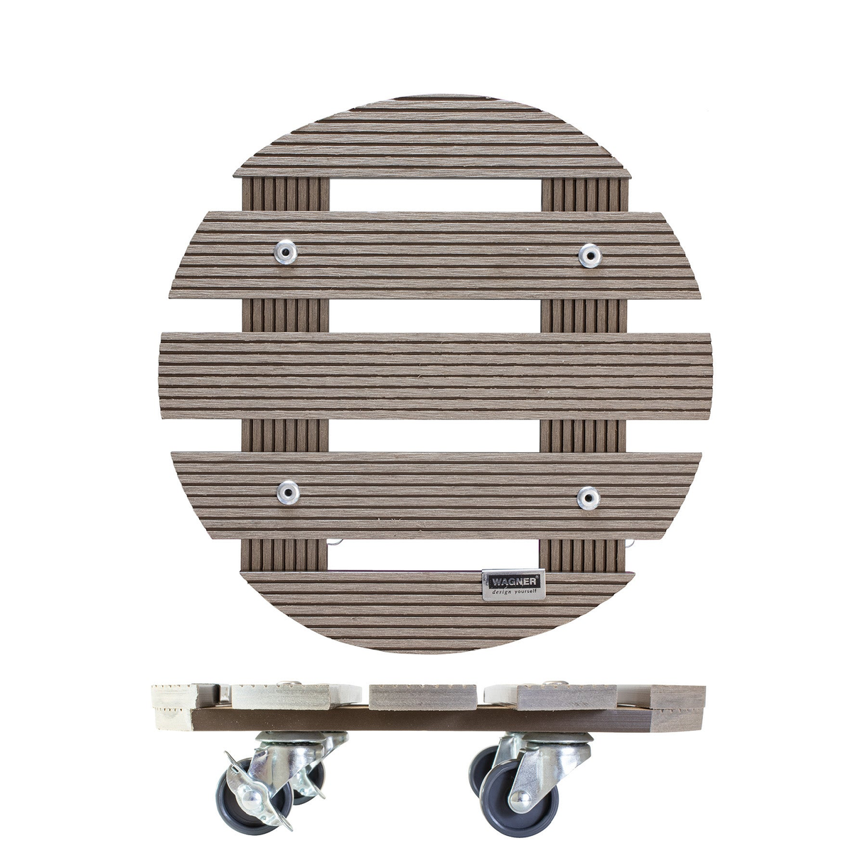 11.4&quot; taupe round WPC plant caddy with brakes, suitable for indoor/outdoor use.