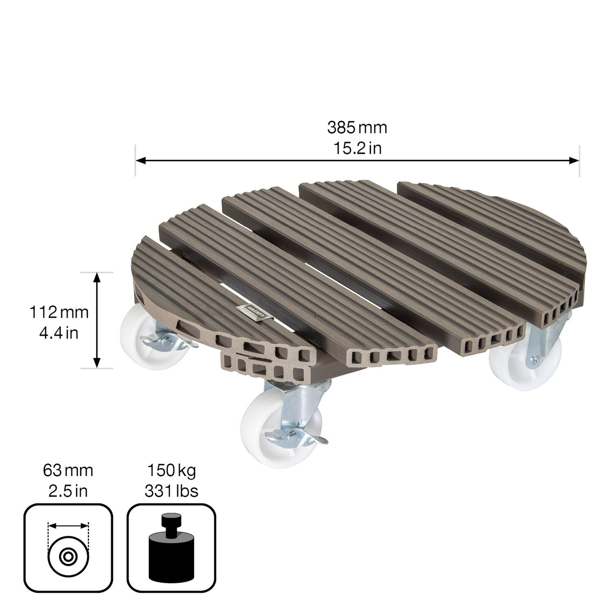 15.1&quot; round taupe WPC plant caddy with brakes, indoor/outdoor use, heavy-duty casters, non-slip surface, supports 330 lbs.