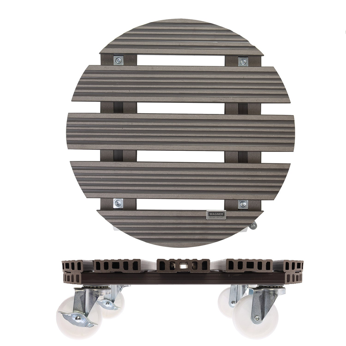 15.1&quot; taupe round WPC plant caddy with locking casters, indoor/outdoor use, supports up to 330 lbs.