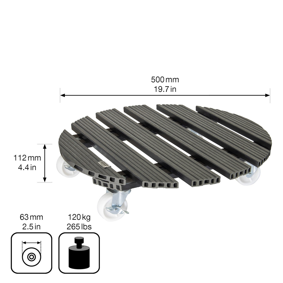 20&quot; gray round WPC plant caddy with brakes, indoor/outdoor use, supports 265 lbs, water and UV-resistant.