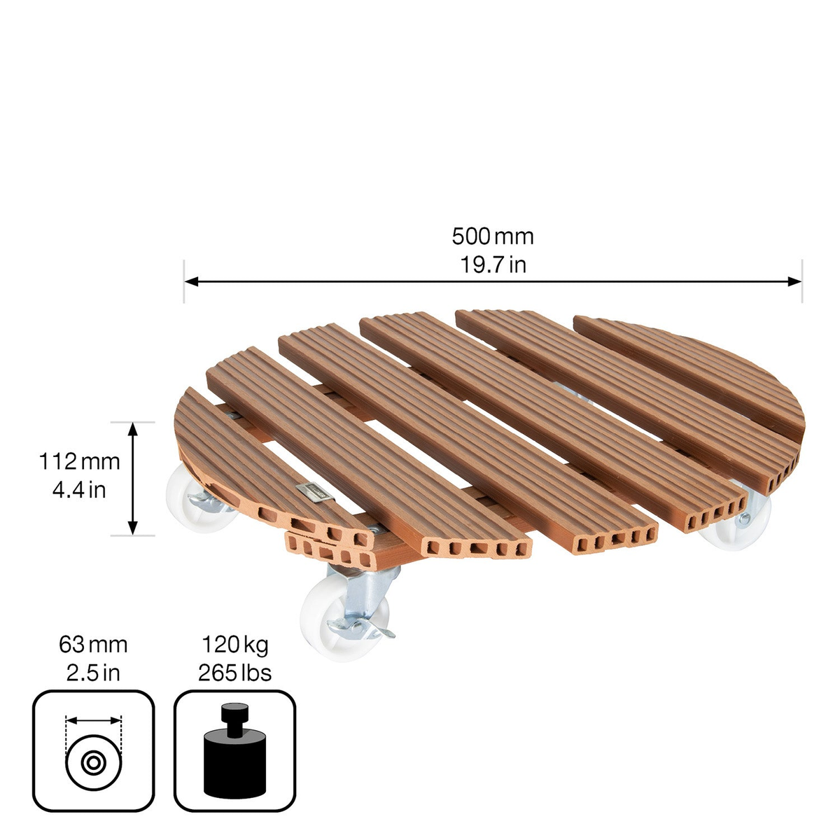 20&quot; Terra Cotta Round WPC Plant Caddy with brakes, indoor/outdoor use, supports up to 265 lbs.