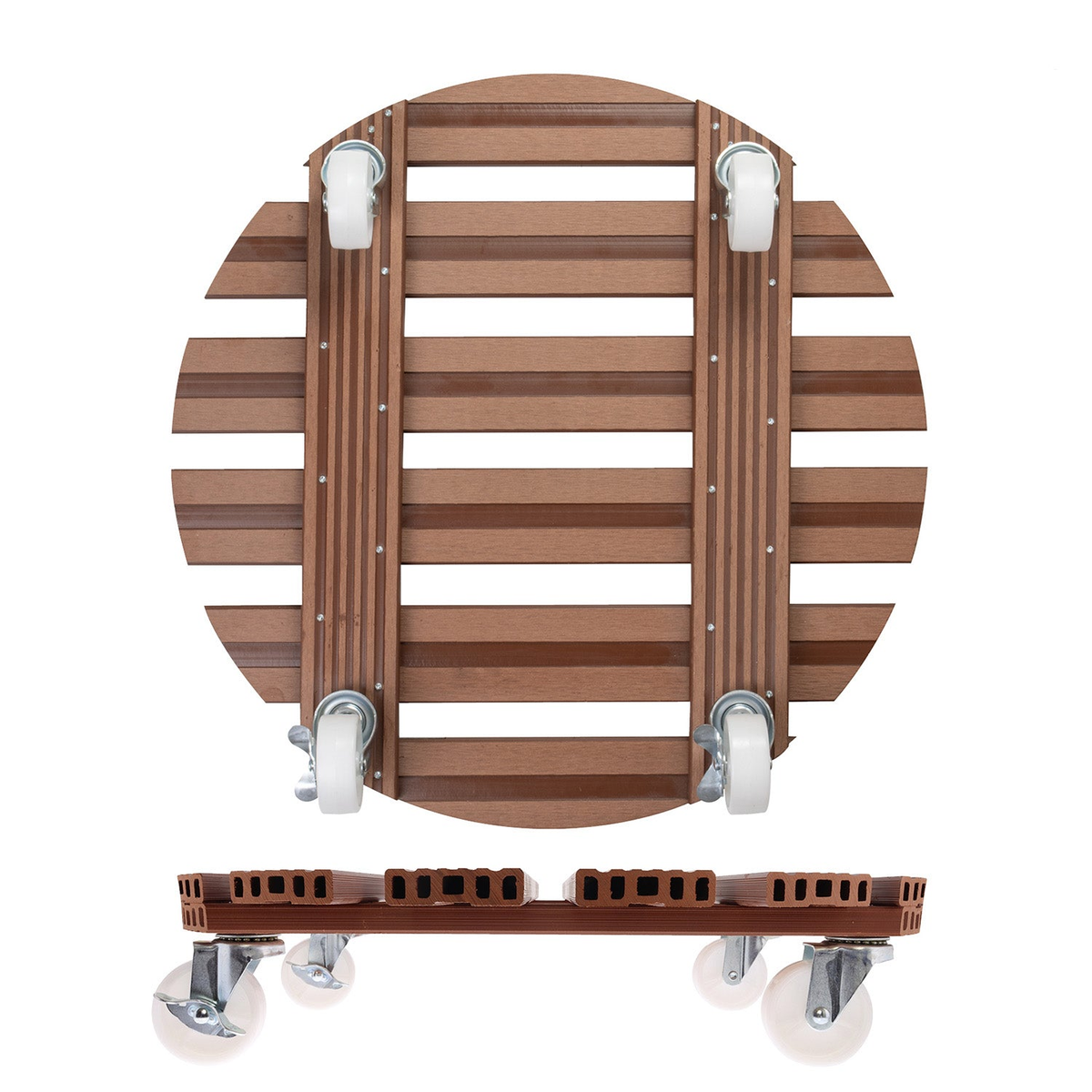 20&quot; Terra Cotta Round WPC Plant Caddy with brakes, features wood plastic composite, heavy-duty casters, non-slip surface, and supports up to 265 lbs for indoor/outdoor use.