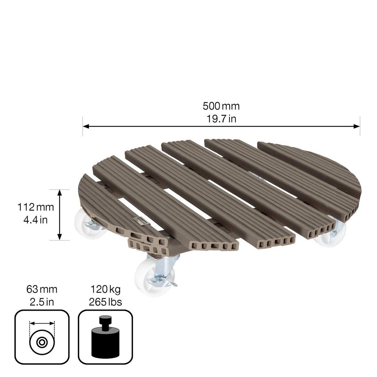 20&quot; taupe round WPC plant caddy with brakes, indoor/outdoor use