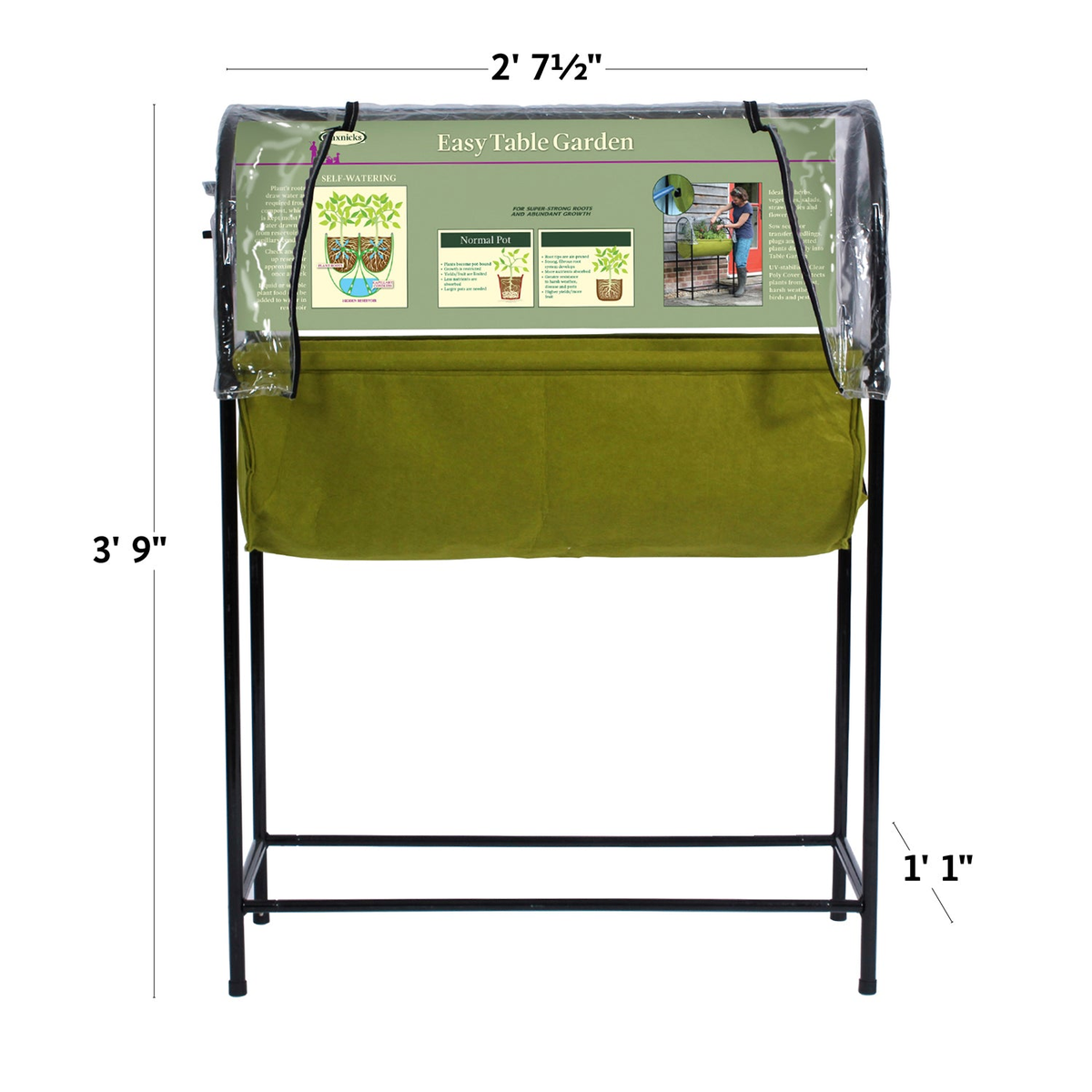 Vigoroot Easy Garden Table with self-watering system and poly cover, ideal for small spaces.