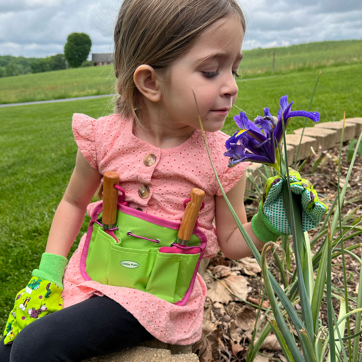 Little Pals Kids Pink/Green Tool Pouch Kit w/Garden Fork &amp; Trowel - Garden Your Way 