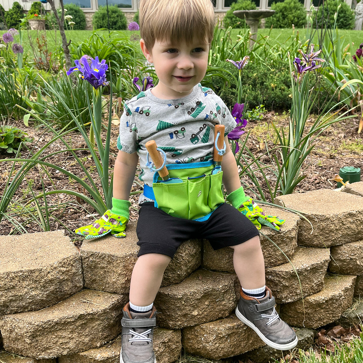 Little Pals Kids Blue/Green Tool Pouch Kit w/Garden Fork &amp; Trowel - Garden Your Way 