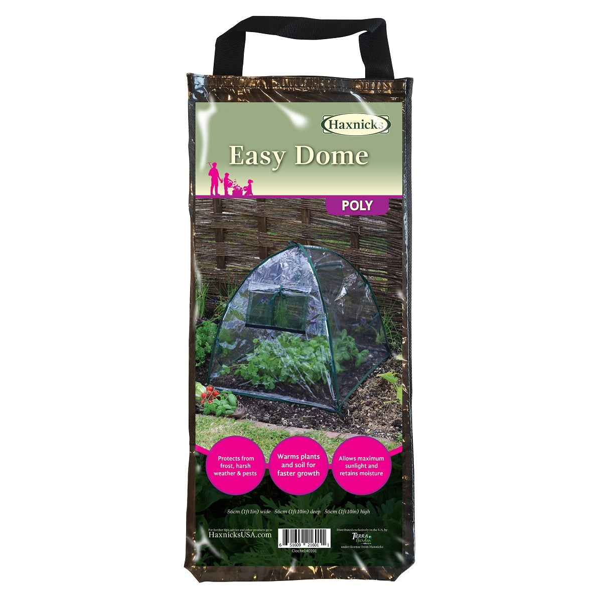 Standard Easy Poly Dome Plant Protection Cloche packaging, 22 inches, UV-stabilized polyethylene, rust-proof, with steel hoops and ground pegs.