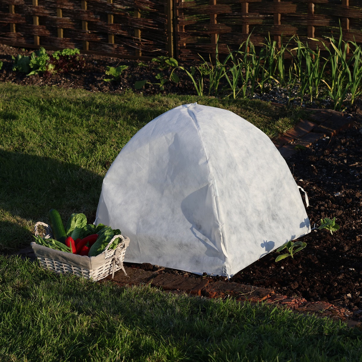 Standard Easy Fleece Dome Plant Protection Cloche in garden, 22&quot; x 22&quot; x 22&quot; size.