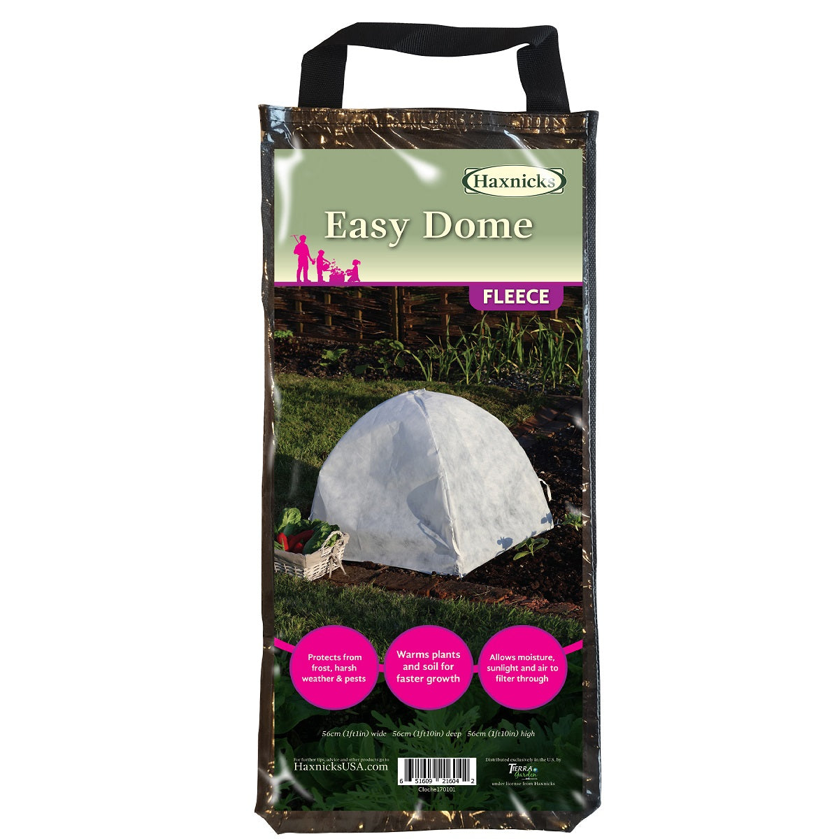 Standard Easy Fleece Dome Plant Protection Cloche, provides warmth and frost protection, made from UV-stabilized polypropylene fleece, includes galvanized steel hoops and ground pegs.