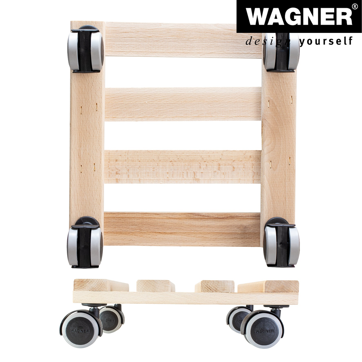 10&quot; square natural wooden pallet indoor plant caddy with twin-wheel casters.