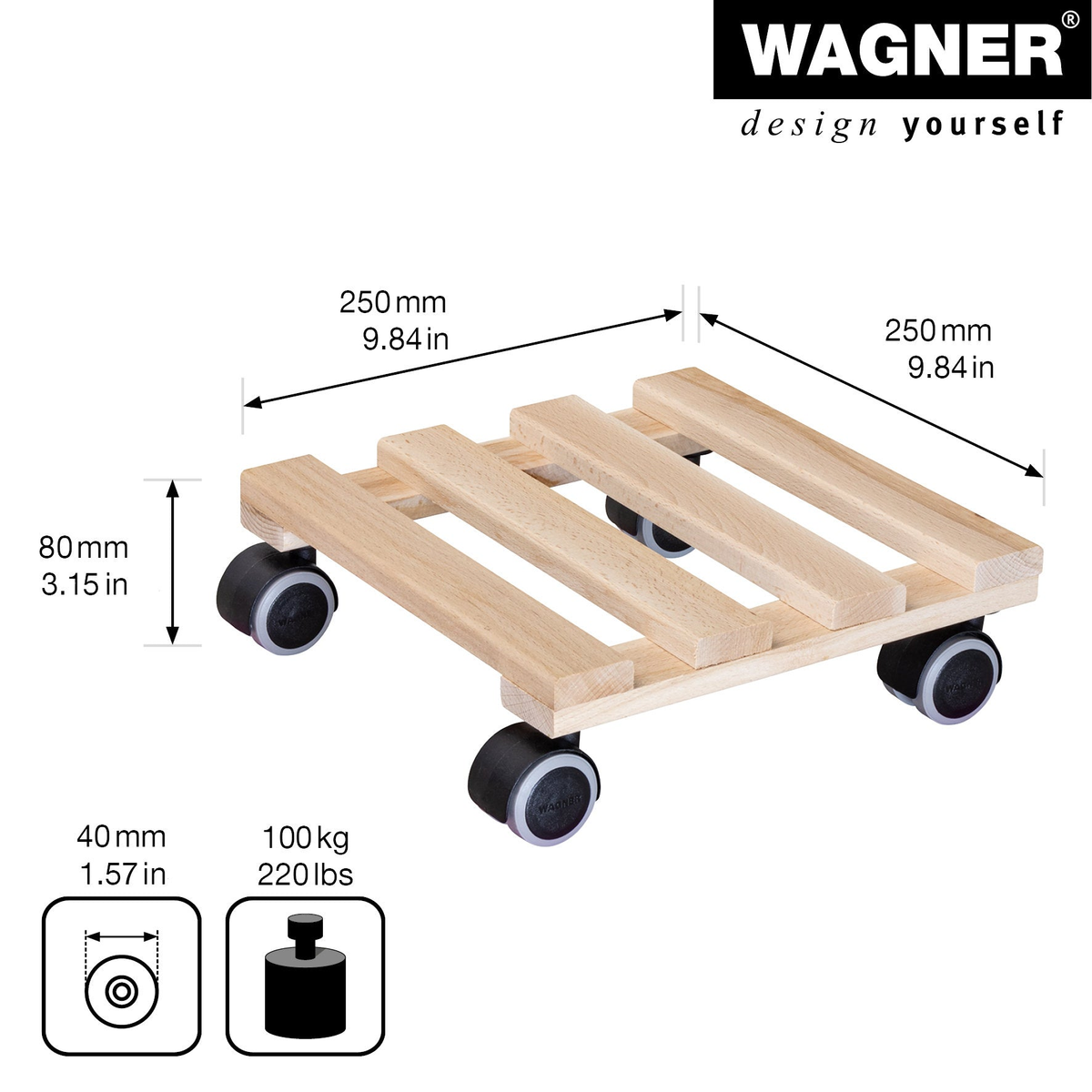 10&quot; Square Natural Wooden Pallet Indoor Plant Caddy with casters, FSC certified beech wood, 220 lbs capacity.