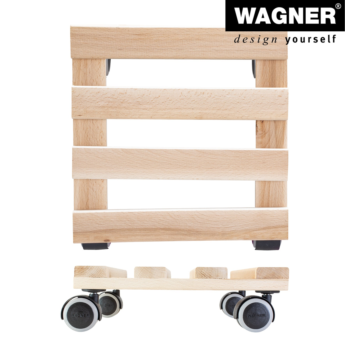 10&quot; square natural wooden pallet indoor plant caddy with twin-wheel casters on a smooth surface.