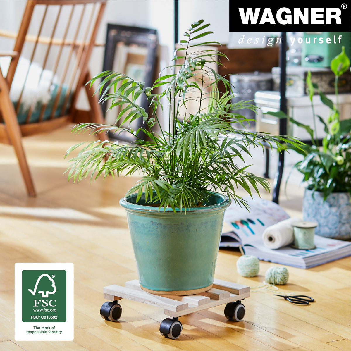 10&quot; Square Natural Wooden Pallet Indoor Plant Caddy with twin-wheel casters and FSC certified beech wood, ideal for smooth movement on various floors.