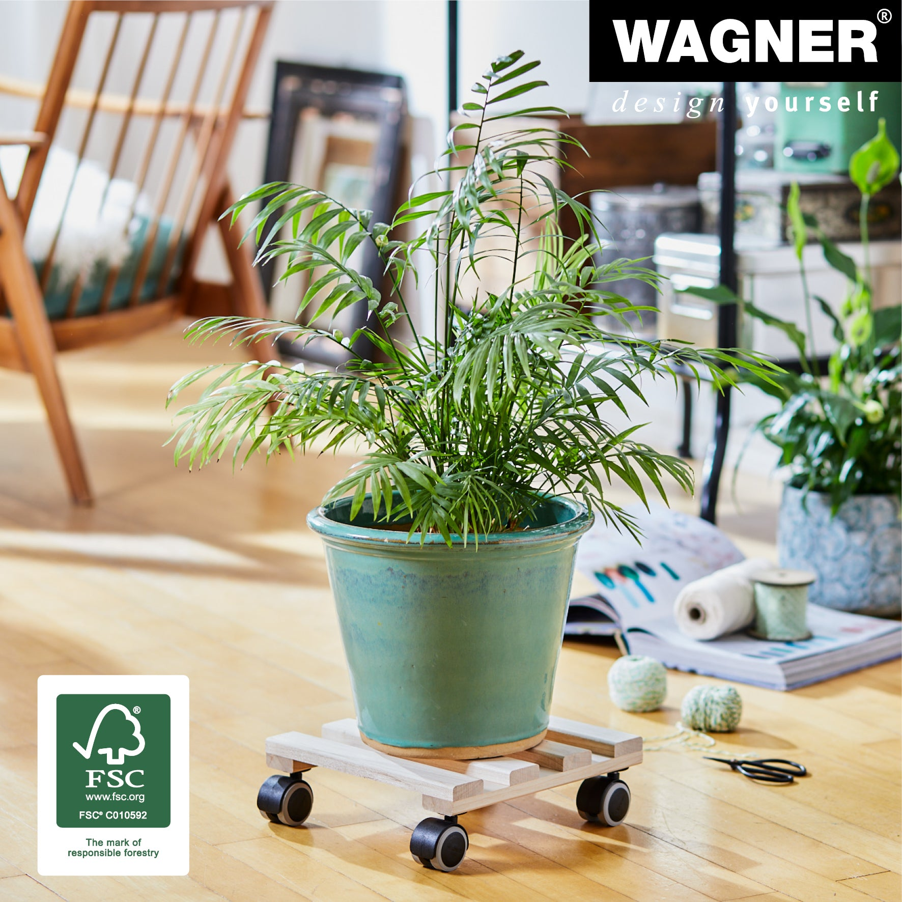 10" Square Natural Wooden Pallet Indoor Plant Caddy with twin-wheel casters and FSC certified beech wood, ideal for smooth movement on various floors.