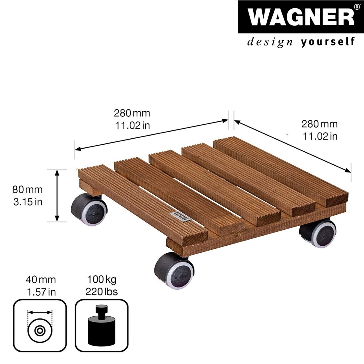 11&quot; square medium wash ribbed wooden indoor plant caddy with twin-wheel casters, FSC certified.