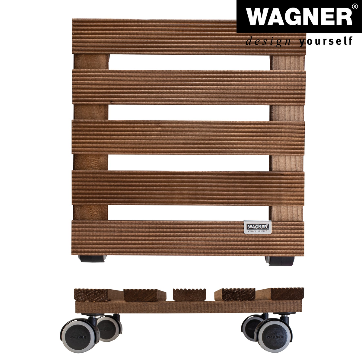 11&quot; square ribbed wooden indoor plant caddy with twin-wheel casters.