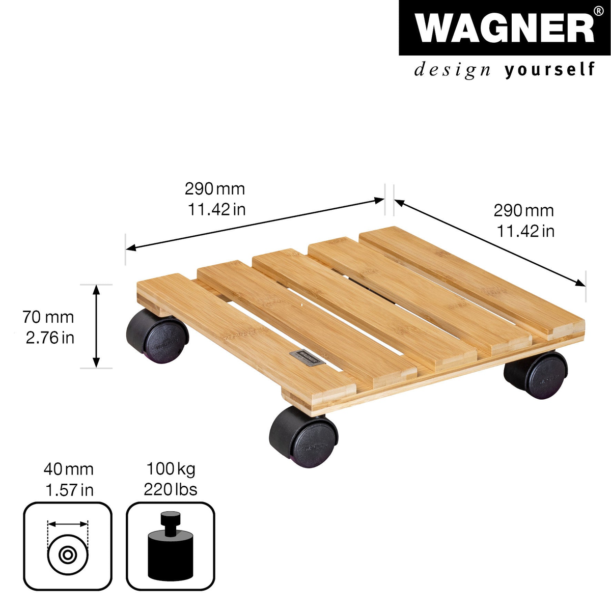 11.4&quot; square bamboo indoor plant caddy with wheels by Wagner, supports up to 220 lbs.