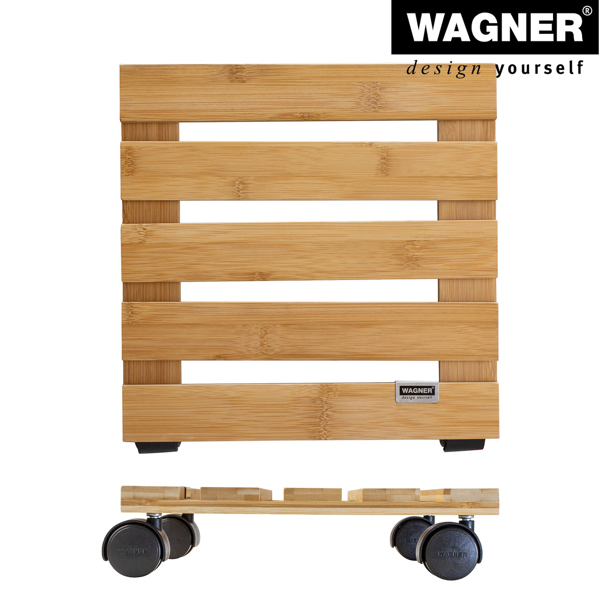 11.4&quot; Square Bamboo Indoor Plant Caddy with swivel casters by Wagner, supports up to 220 lbs.