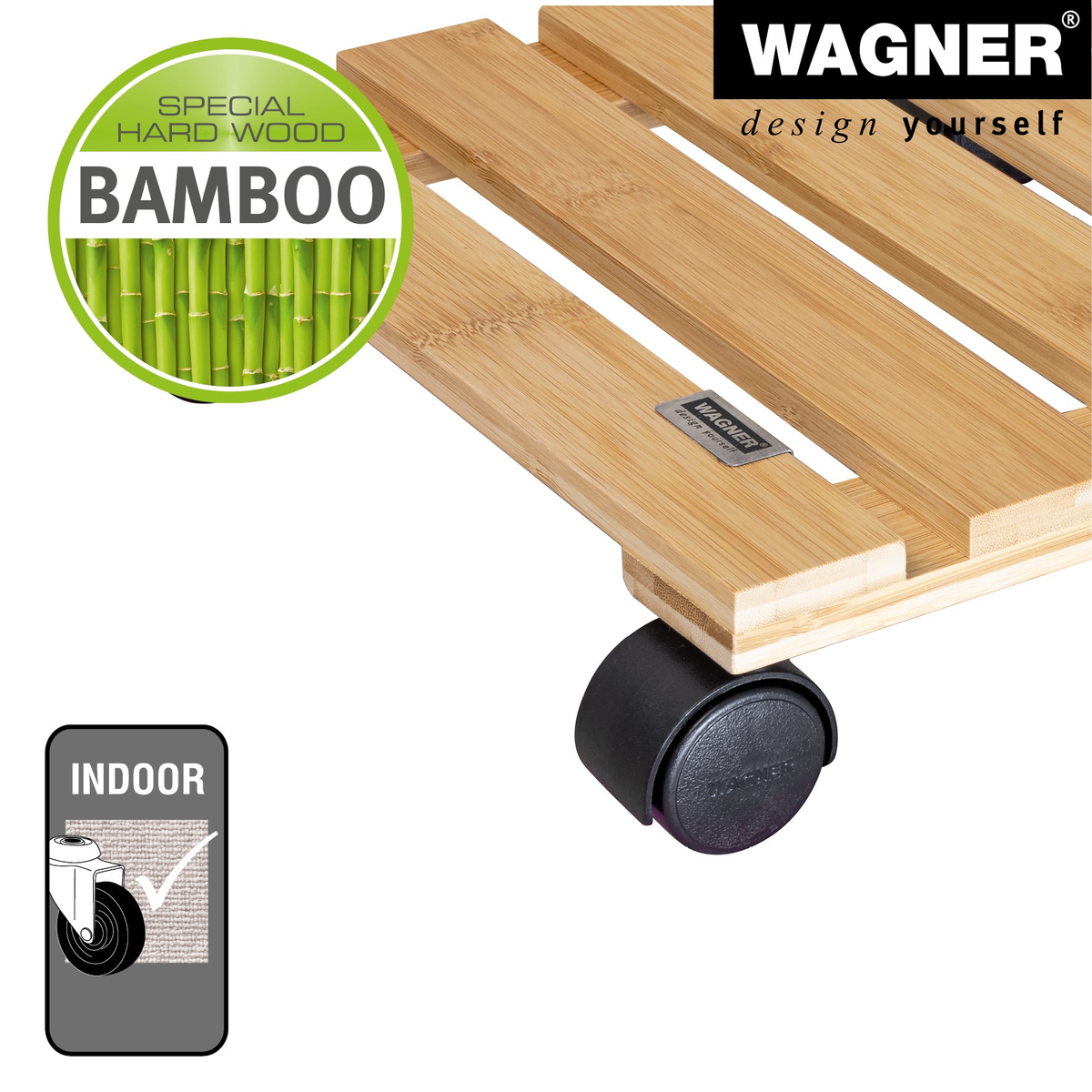 11.4&quot; Square Bamboo Indoor Plant Caddy with wheels by Wagner, eco-friendly design.