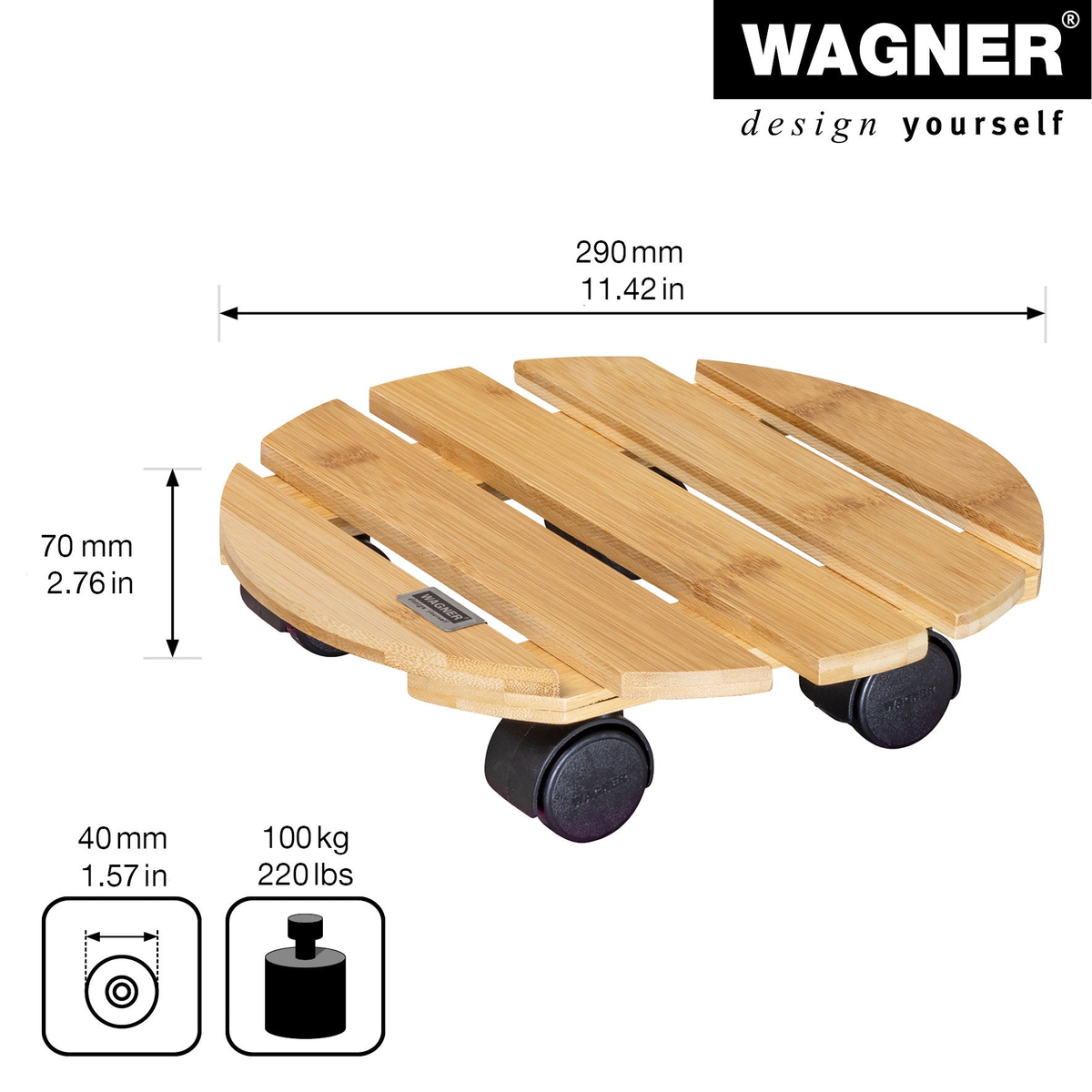 11.4&quot; bamboo plant caddy with wheel casters, eco-friendly design, supports 220 lbs, Wagner brand.