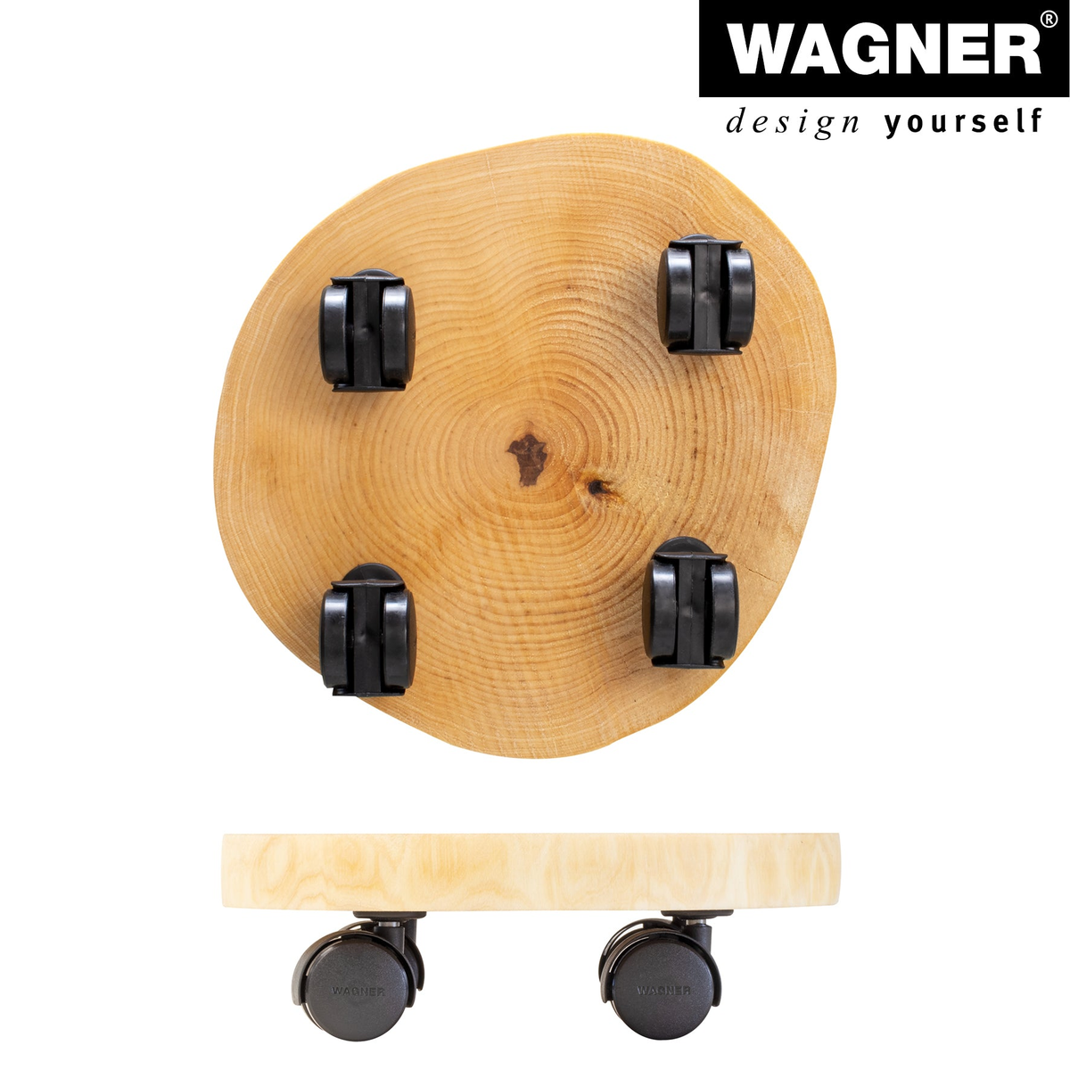 Round natural birch wooden plant caddy with twin wheel swivel casters from Wagner.