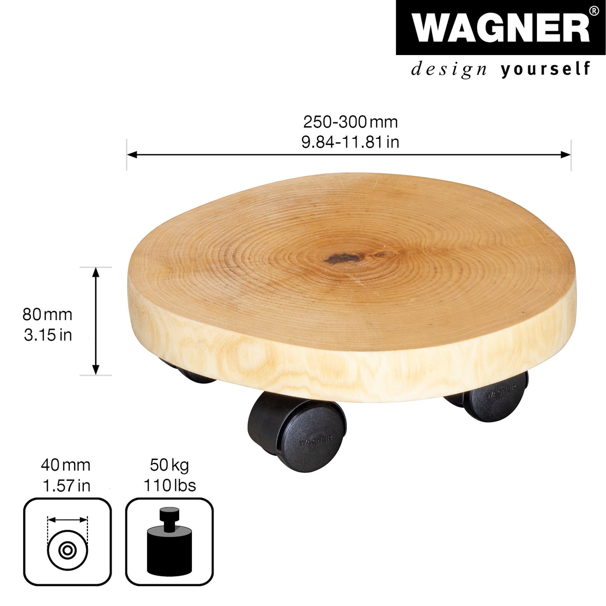 9.8-11.8 inch round natural birch wooden plant caddy with swivel casters by Wagner, FSC certified.