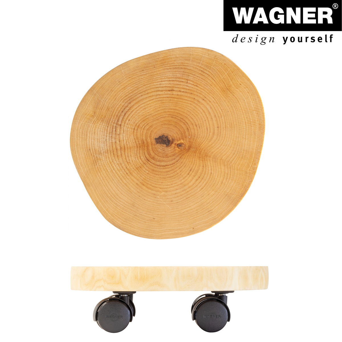 Round natural birch wooden plant caddy with swivel casters by Wagner for indoor use, 9.8&quot;-11.8&quot; diameter.