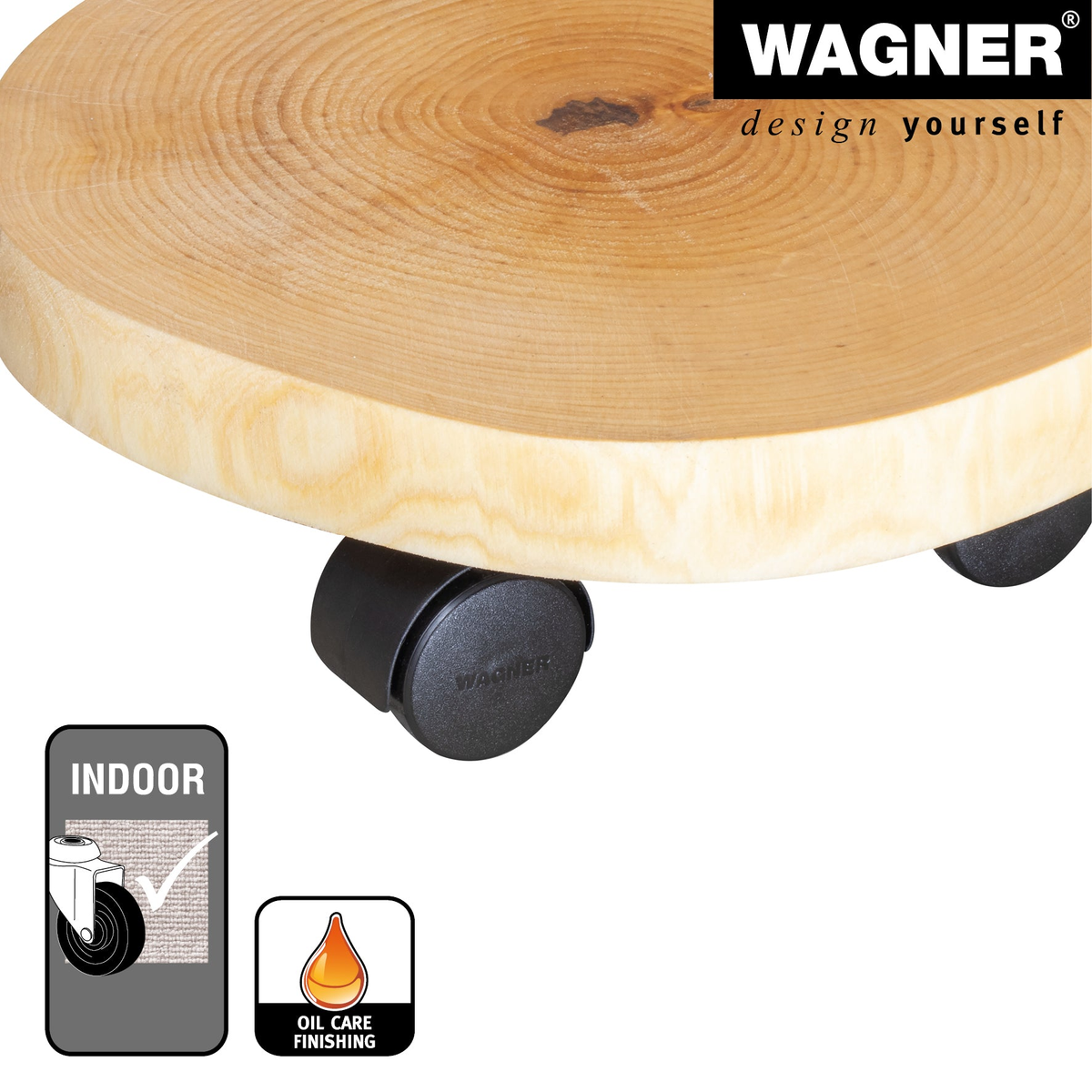 Round natural birch wooden plant caddy with twin wheel swivel casters by Wagner, 9.8&quot;-11.8&quot; diameter, FSC certified.