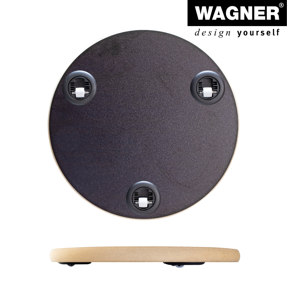 11.4&quot; round black indoor plant caddy with swivel casters by Wagner, MDF construction, durable finish, supports 220 lbs.