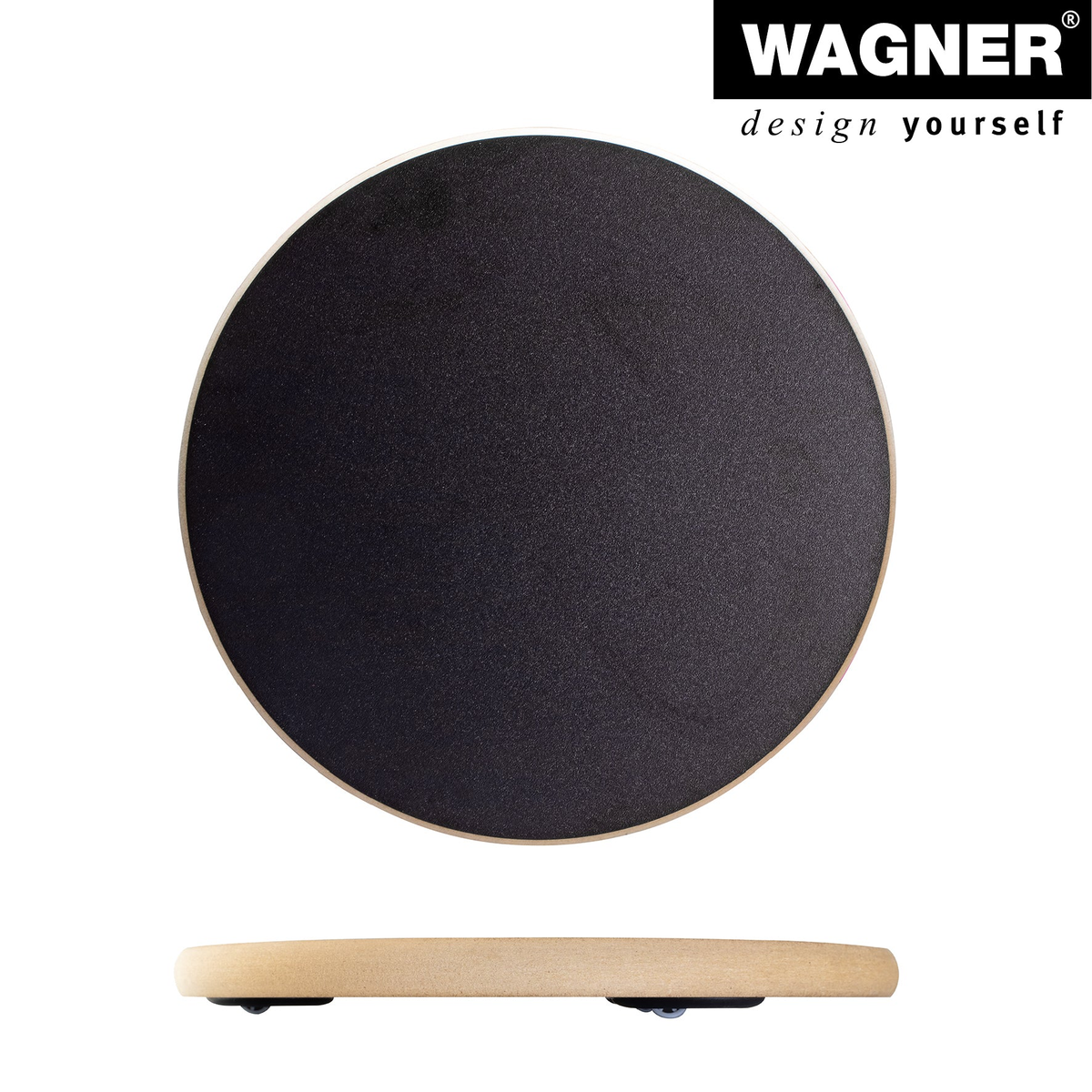 11.4&quot; round black indoor plant caddy with swivel casters by Wagner, Germany, durable MDF construction.