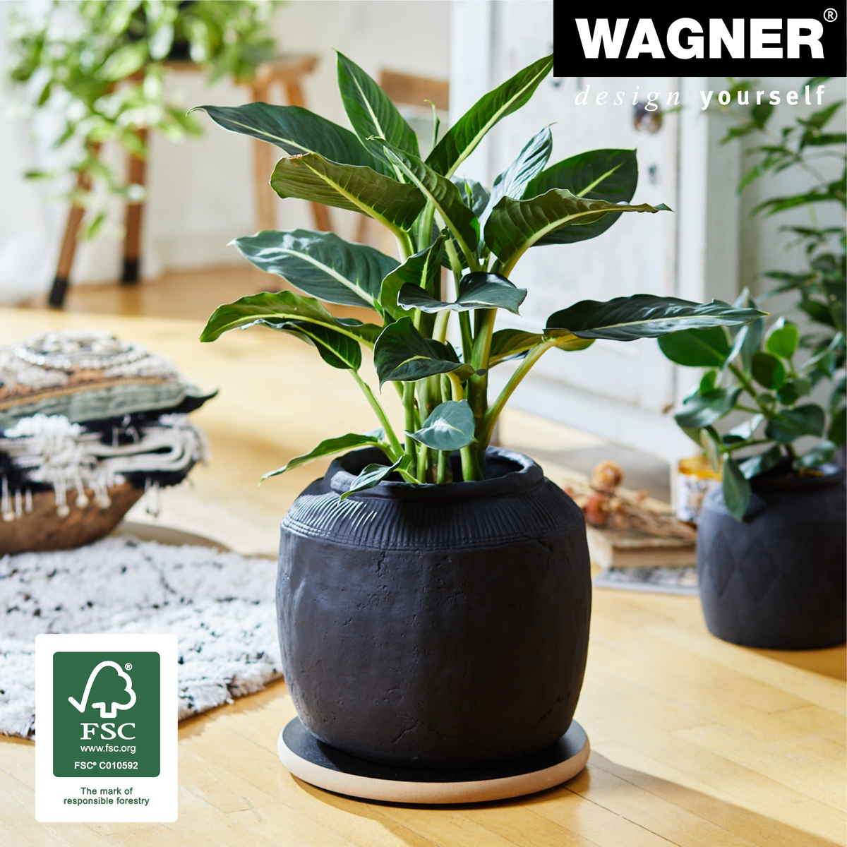 11.4&quot; Round Black Rollo Decor Indoor Plant Caddy with swivel casters and soft wheels for smooth movement, made by Wagner in Germany.