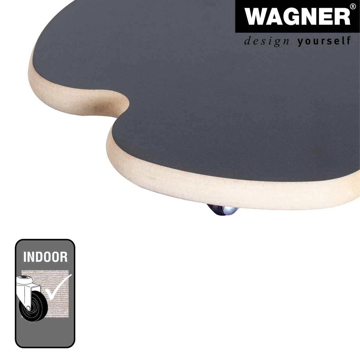 13&quot; clover-shaped black plant caddy with hidden swivel casters, durable MDF construction, by Wagner.