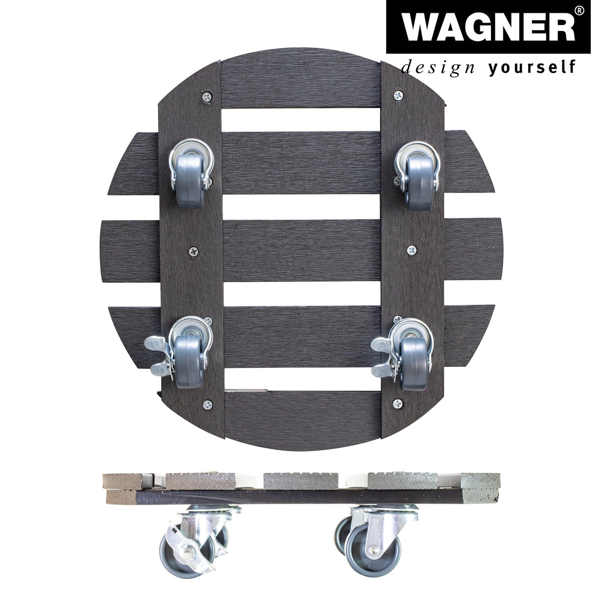 11.4&quot; gray round WPC plant caddy with brakes, indoor/outdoor use, non-slip surface, heavy-duty casters, UV-resistant.