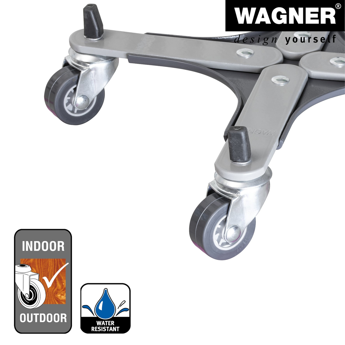 Adjustable metal plant caddy with soft wheels by Wagner, 11-16.1 inches diameter, indoor/outdoor use, rust-resistant.