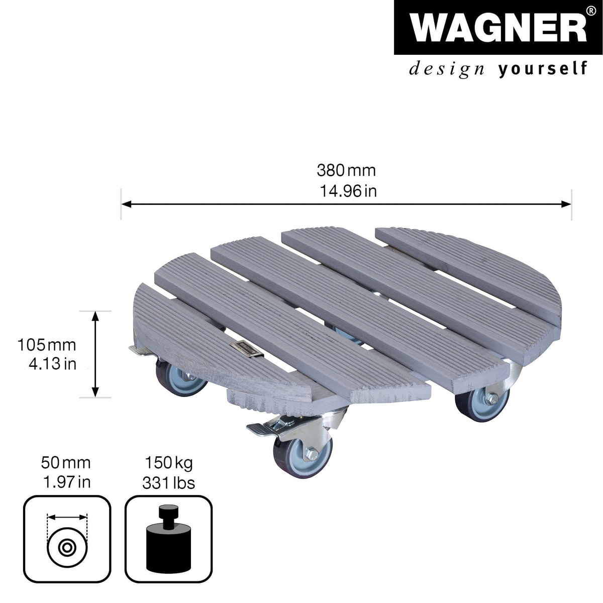 15&quot; gray round ribbed indoor plant caddy with plastic casters and brakes, made from FSC-certified beech wood.