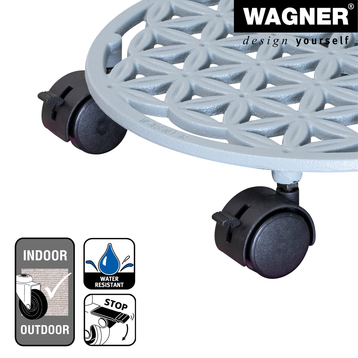 11.4&quot; smoke gray round cast iron plant caddy with brakes, water-resistant, indoor/outdoor use, dual-wheel casters, by Wagner.